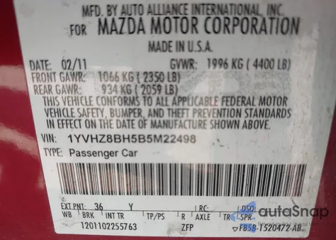 2011 Mazda Mazda6 I Sport z USA, uszkodzony, nr VIN 1YVHZ8BH5B5M22498